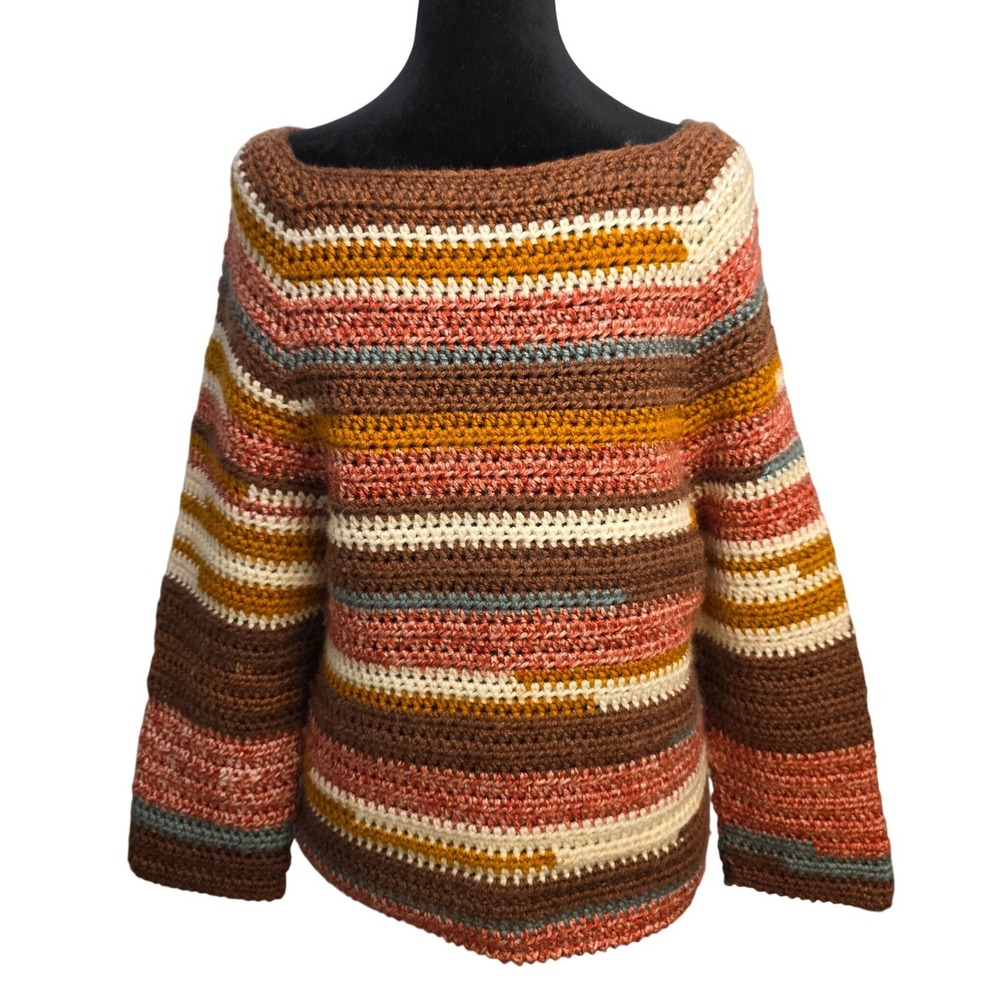 Handmade Crochet Striped Sweater Boat Neck Boho Earthy Tones Multi-Color